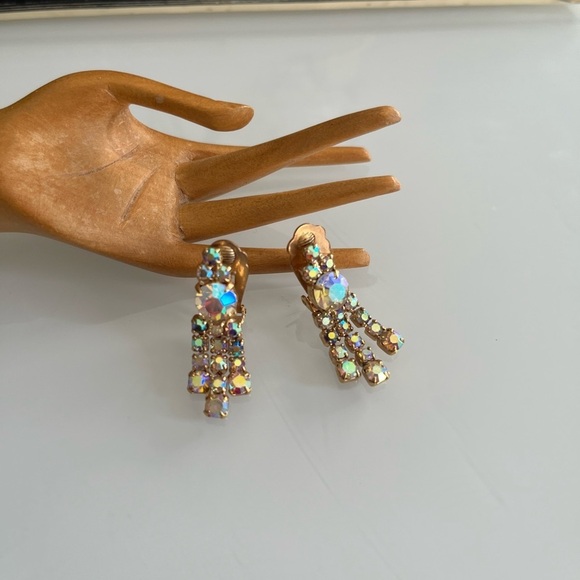 Vintage AB Rhinestone Clip-on Dangle Earrings - Picture 2 of 3